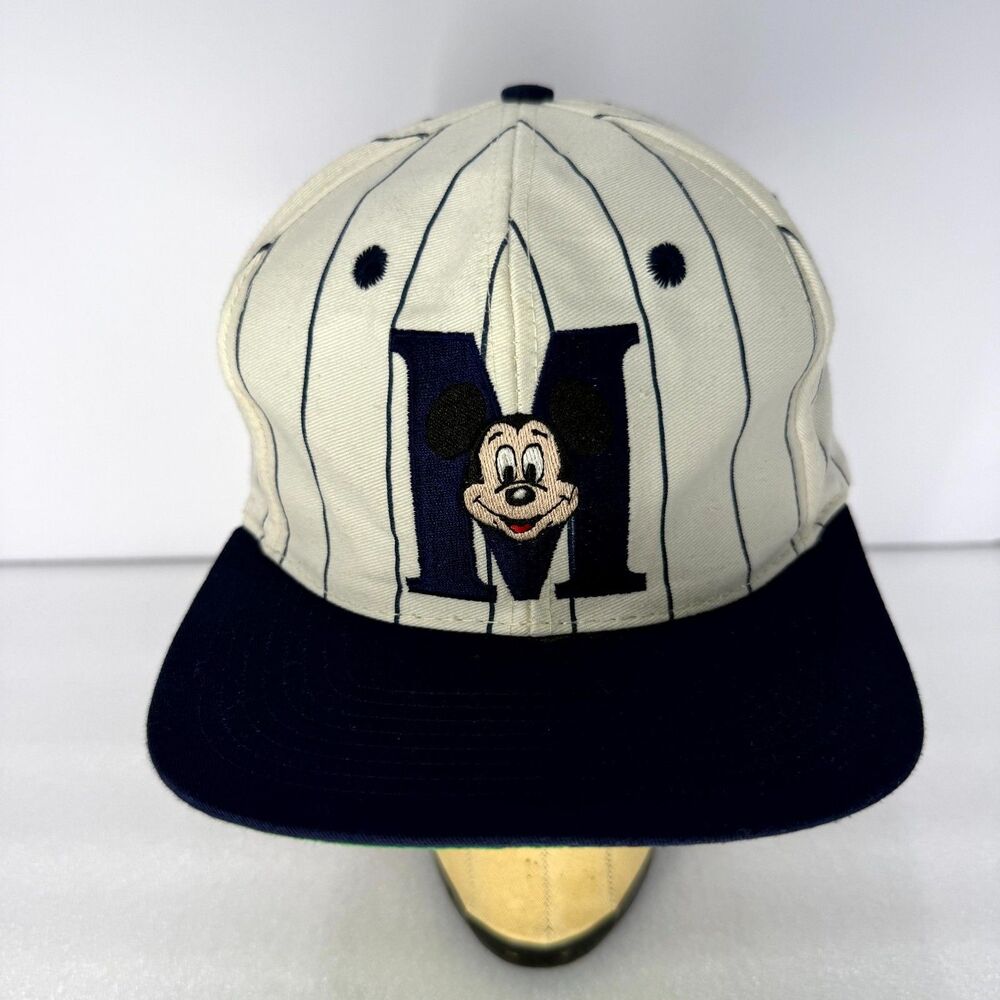 Vtg Mickey Mouse Snapback Hat Adult One Size White Blue Pinstripe Goofys Hat Co